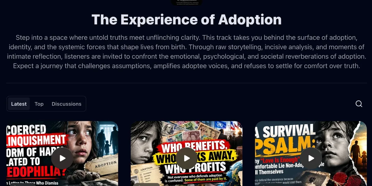 The Experience of Adoption podcast on Substack, with recent episode covers
